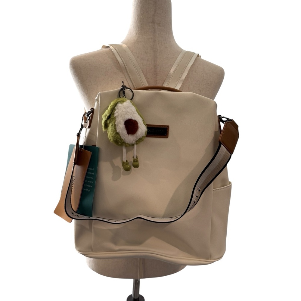 Cream Women's Backpack with Plush Keychain